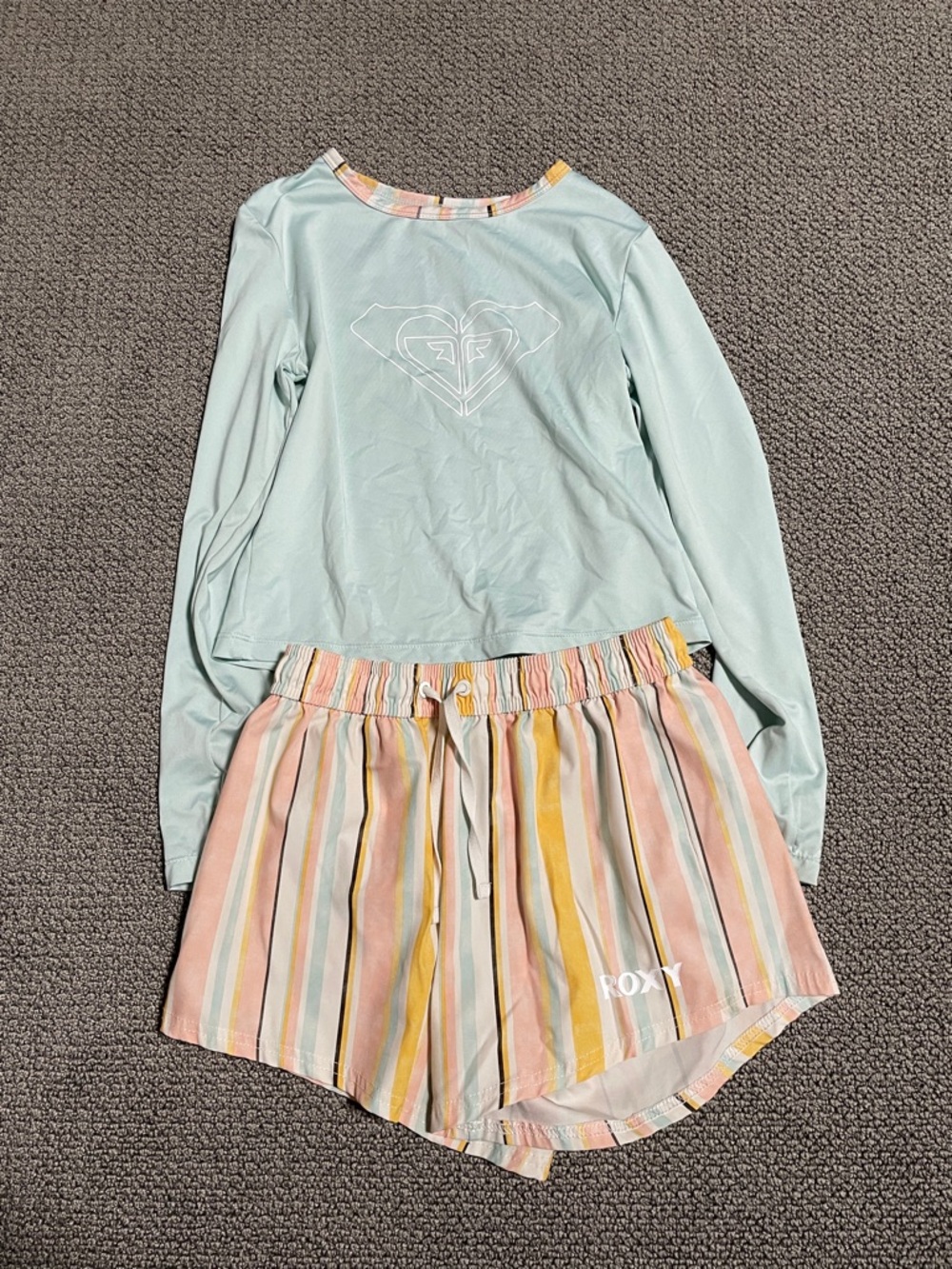 Roxy Mint Long-Sleeve Rashguard with Pastel Striped Swim Shorts